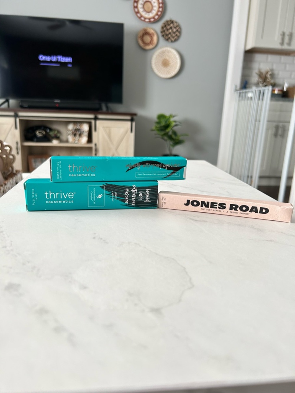 Thrive mascara and eyeliner in black. Jones Road eyeliner in black